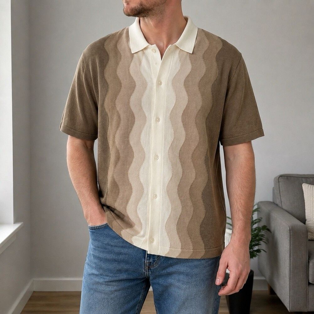 Abercrombie Fitch Sweater Polo Mens XL Brown Wavy Stripe Button Through Knit